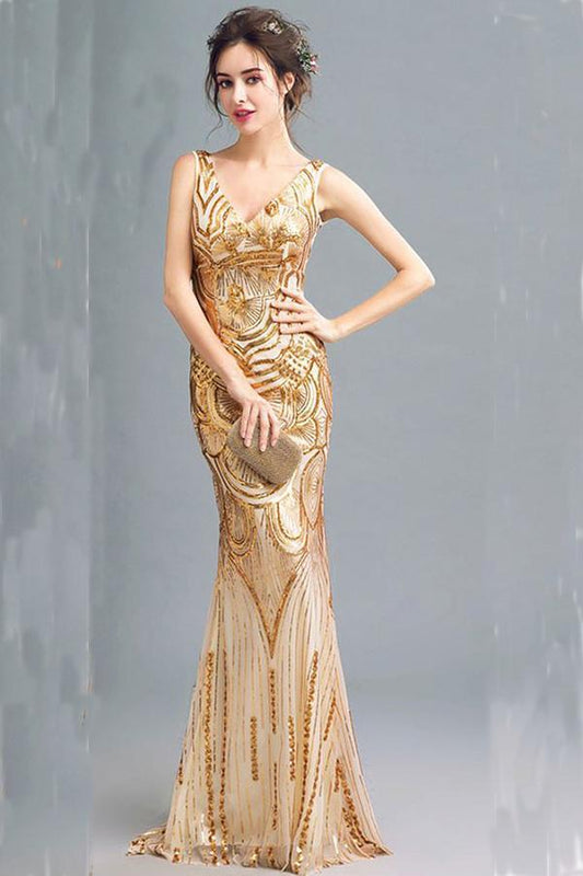 Fashion Sparkly Golden Sequins Mermaid Backless Sleeveless Floor-Length V-Neck Prom Dresses RS244