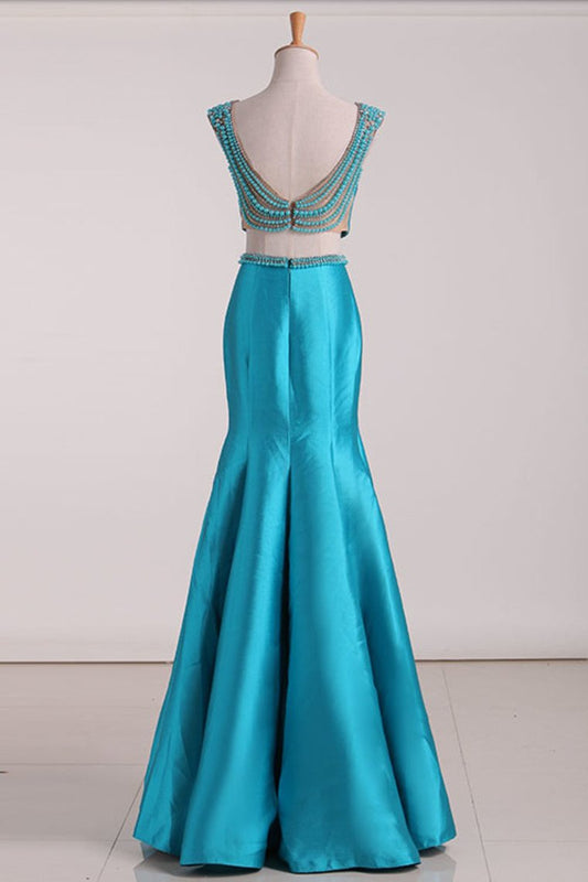 2024 Two Pieces Prom Dresses Satin With Beading Sweep Train