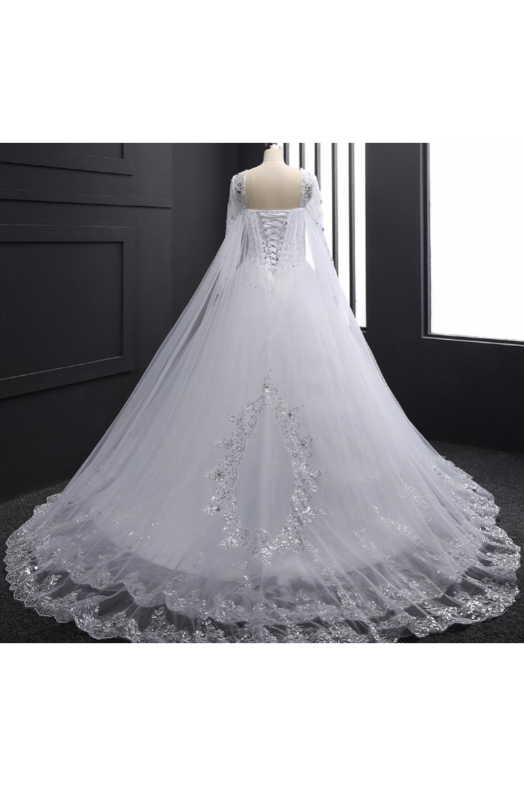 Sweetheart Wedding Dresses A Line With Beading Rhinestones Tulle Long Sleeves Chapel Train