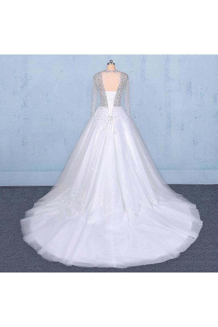 Puffy Long Sleeves Tulle White Wedding Dress, Shiny Long Bridal Dresses