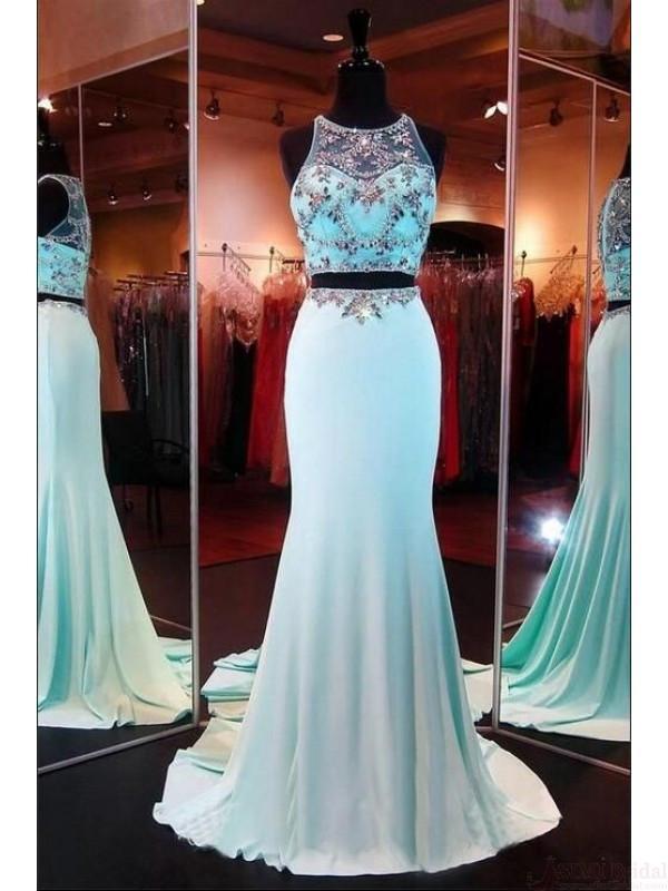 Two Pieces Beading Bodice Long Satin Prom Dresses Evening Dresses RS563