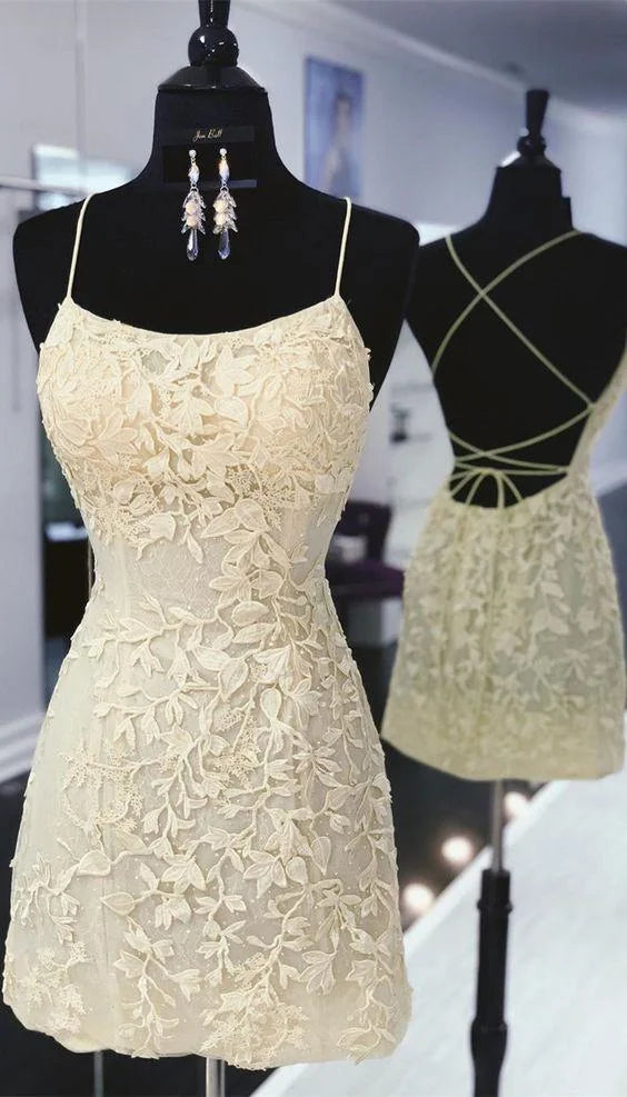 Jolie tight yellow lace homecoming dresses, Homecoming Dresses short yellow homecoming dress with lace up back CD2949