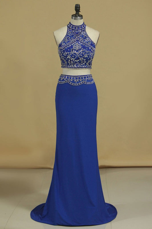 2024 Two Pieces High Neck Beaded Bodice Spandex Prom Dresses Dark Royal Blue