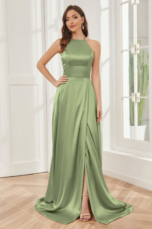 Column Halter Soft Satin Bridesmaid Dress with Pockets