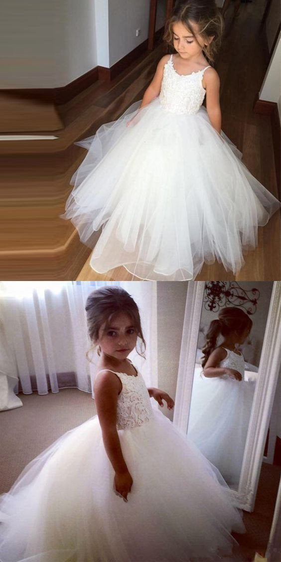 A Line Spaghetti Straps Lace Top Ivory Tulle Flower Girl Dresses For Wedding Party RS773