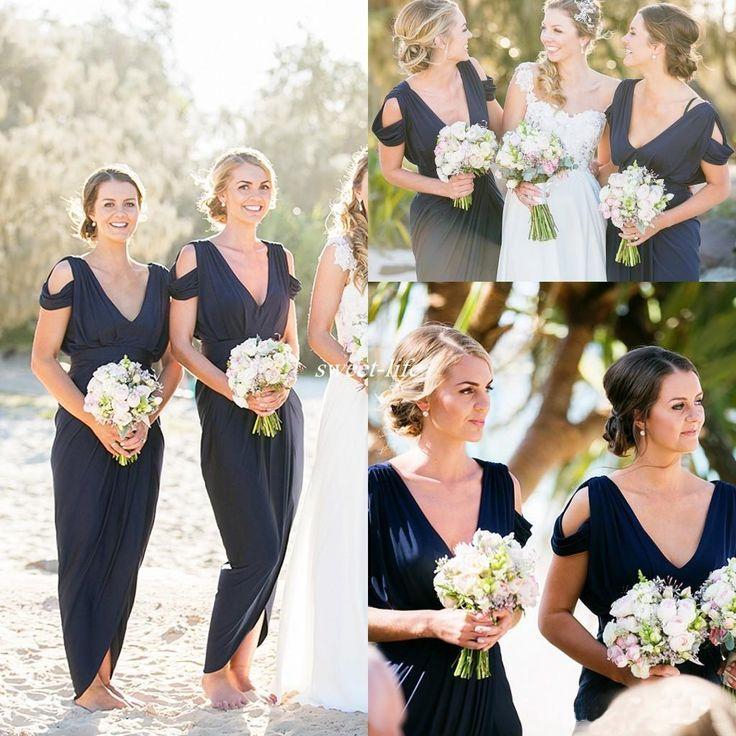 A-Line V-Neck Boho Navy Jersey Beach Cheap Popular Open Back Chiffon Bridesmaid Dresses RS516