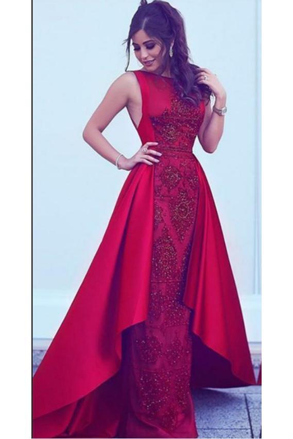 2024 Long New Style Red Scoop Sleeveless Mermaid Satin Beads Prom Dresses RS388