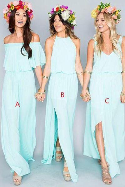 2024 Chiffon Cheap Long Pretty Young Mint Mismatched Side Split Bridesmaid Dresses RS317