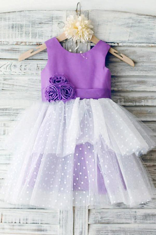 Ball Gown Ivory Scoop Neck Satin Purple Tulle Ankle-length Tiered Child Flower Girl Dresses RS736