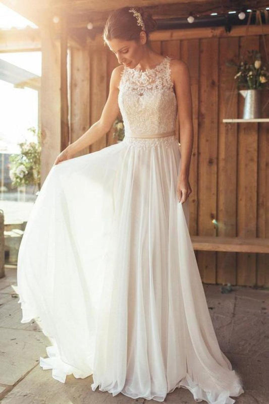 Elegant A-Line Round Neck Chiffon With Lace,Beach Boho Wedding Dresses