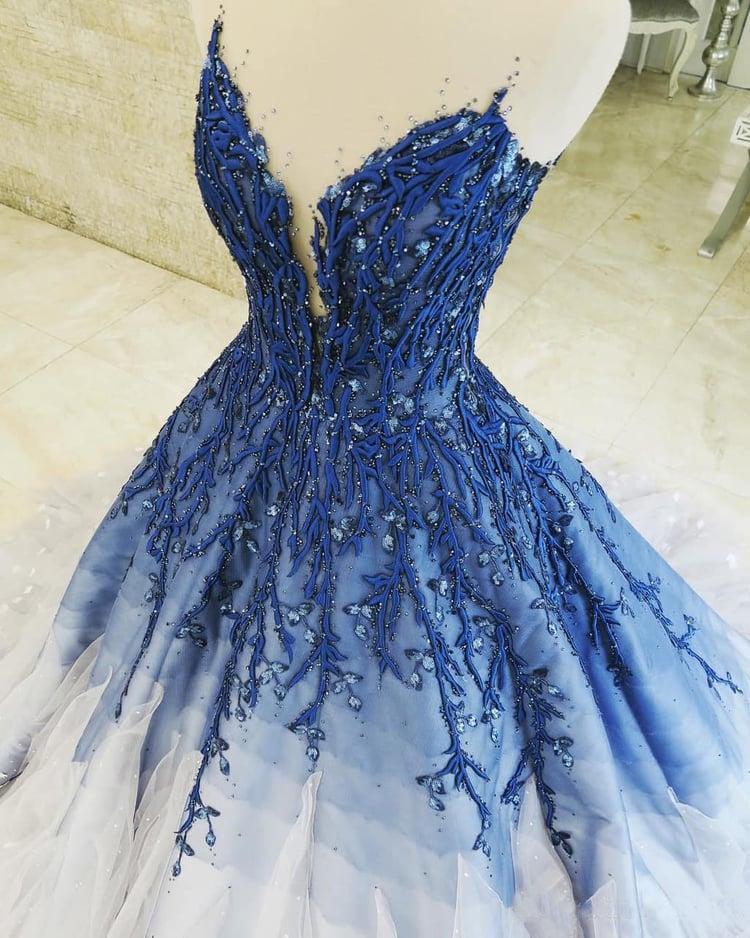 Buy Ombre Ball Gown Royal Blue Prom Dresses With Appliques Long V Neck Quinceanera Dresses SRS15275 Online Rosepromdress