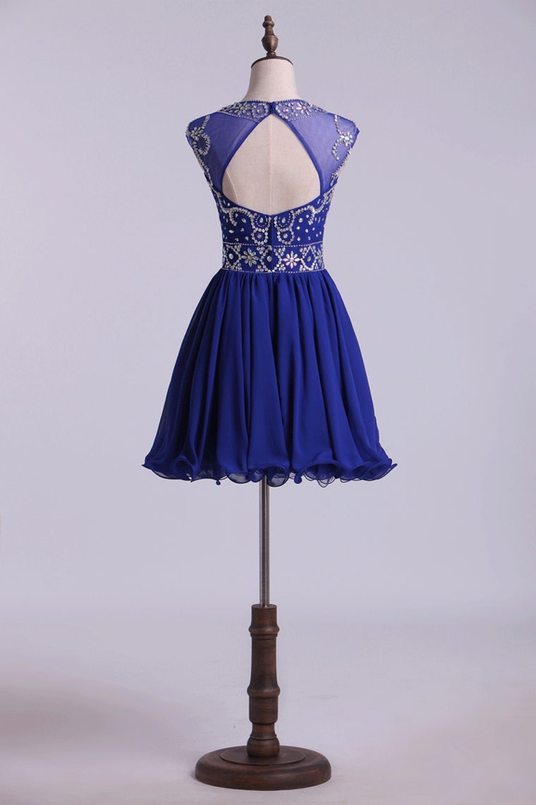 2024 Scoop A Line Dark Royal Blue Homecoming Dresses Beaded Bodice Tulle&Chiffon Short