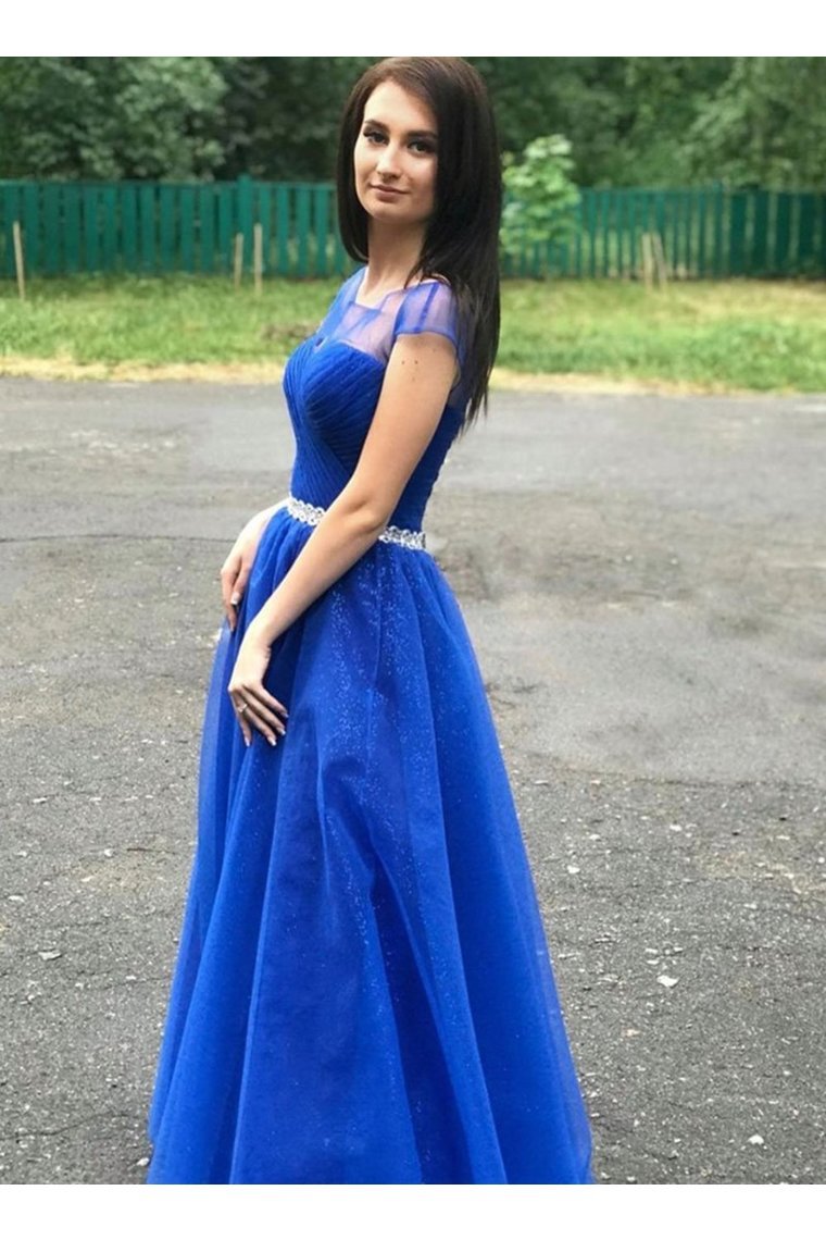 Round Neck Cap Sleeves Prom Dresses Tulle Beading Belt With Slit