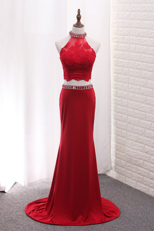 2024 Two Pieces High Neck Spandex Prom Dresses With Applique And Beads Sweep Train