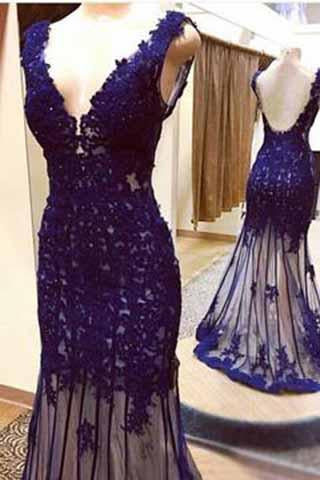 Deep bule tulle V-neck mermaid beading full-length evening dresses RS928