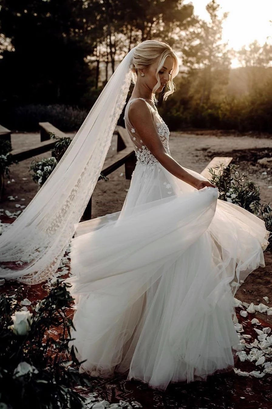 Elegant A Line V Neck Tulle Wedding Dresses with Flowers, V Back Beach Wedding Gowns SRS15513