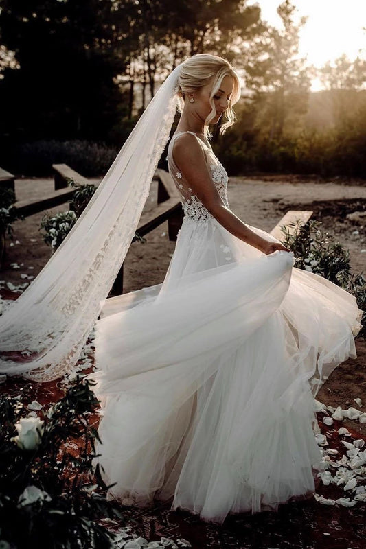 Elegant A Line V Neck Tulle Wedding Dresses with Flowers, V Back Beach Wedding Gowns SRS15513