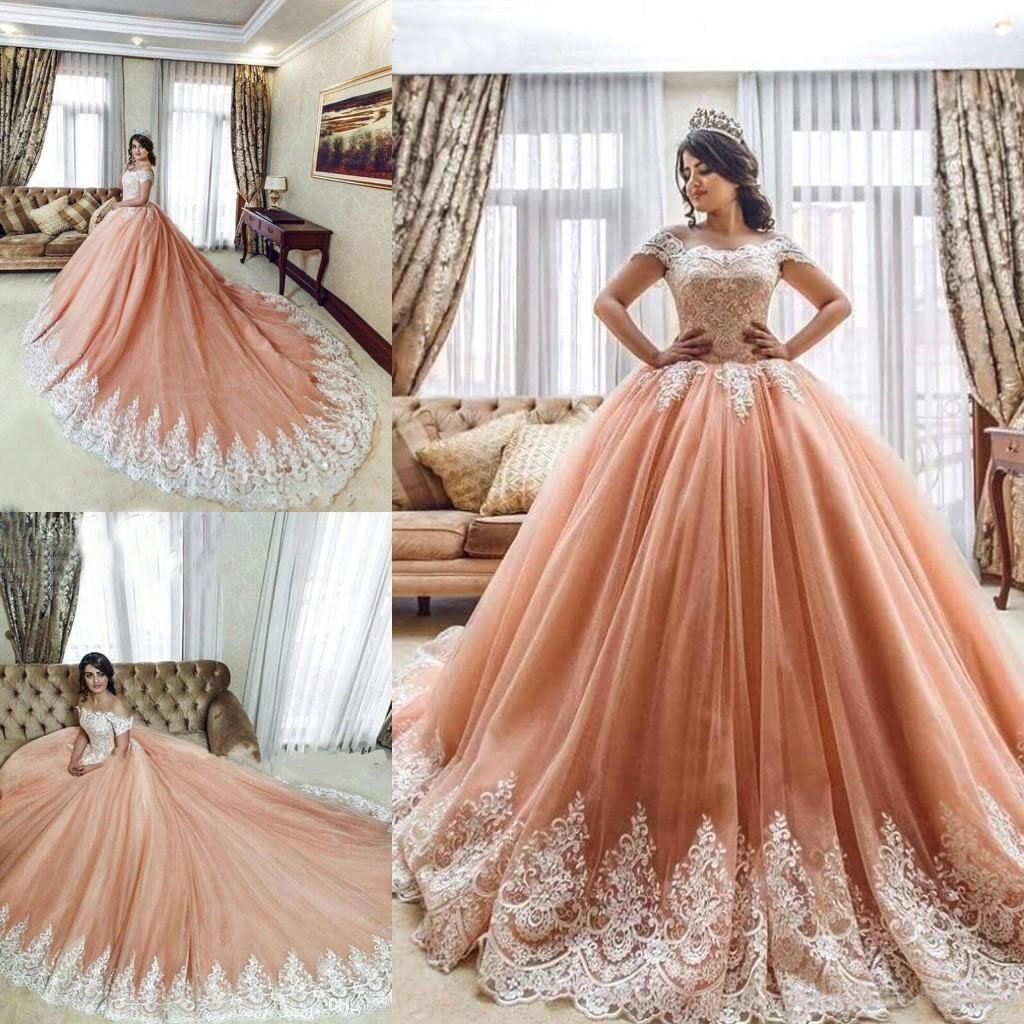 Off the Shoulder Ball Gowns Prom Dresses Lace Appliques Tulle Pink Quinceanera Dresses RS550