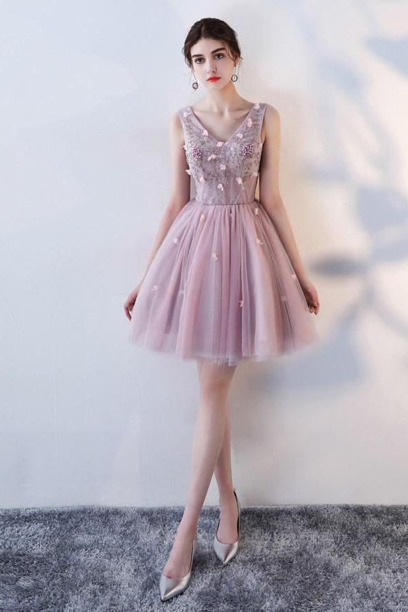 Princess Pink A Line V Neck Flowers Tulle Lace up Short Mini Homecoming Dresses RS877