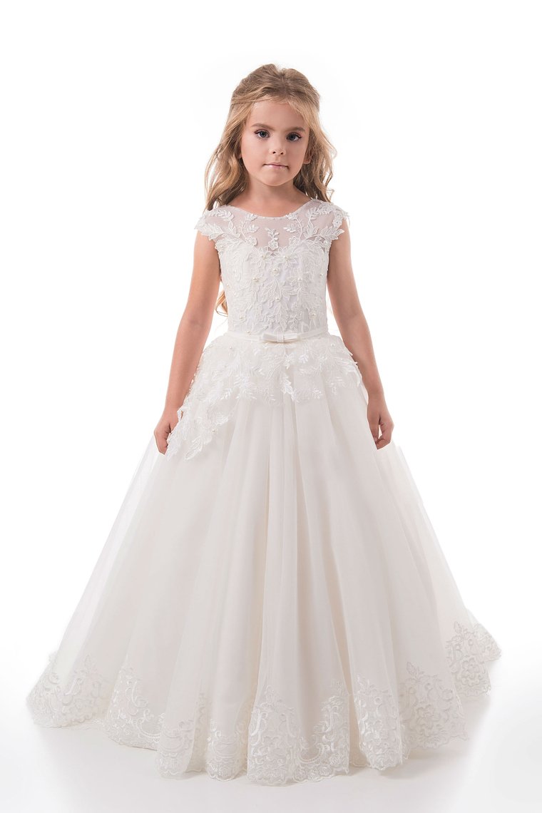 2024 Scoop A Line Tulle With Applique And Sash Sweep Train Flower Girl Dresses