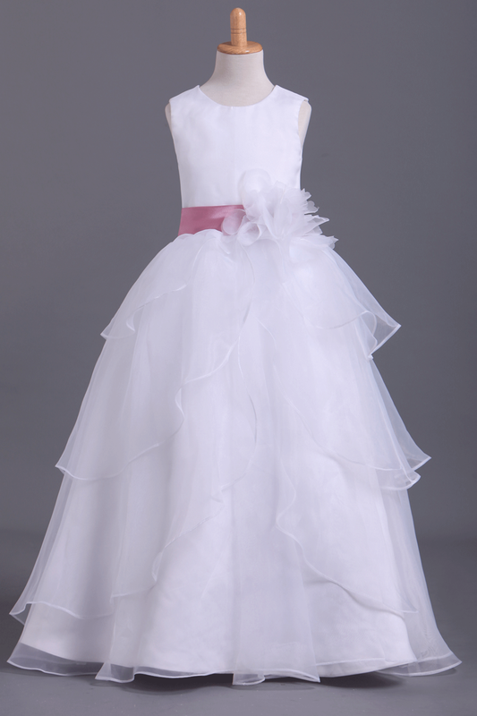 2024 White Flower Girl Dresses Ball Gown Scoop Floor Length Organza