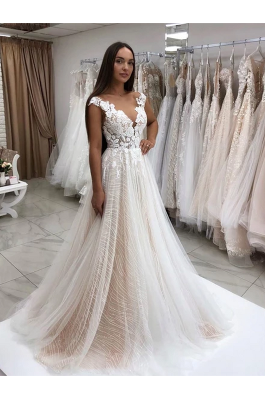 Timeless Lace Sparkly Sequins Tulle A-Line Wedding Dress With Appliques Wedding Gown