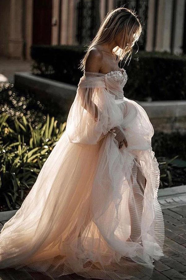 Princess Long Puff Sleeves Off the Shoulder Tulle Wedding Dresses, Beach Wedding Gowns SRS15298