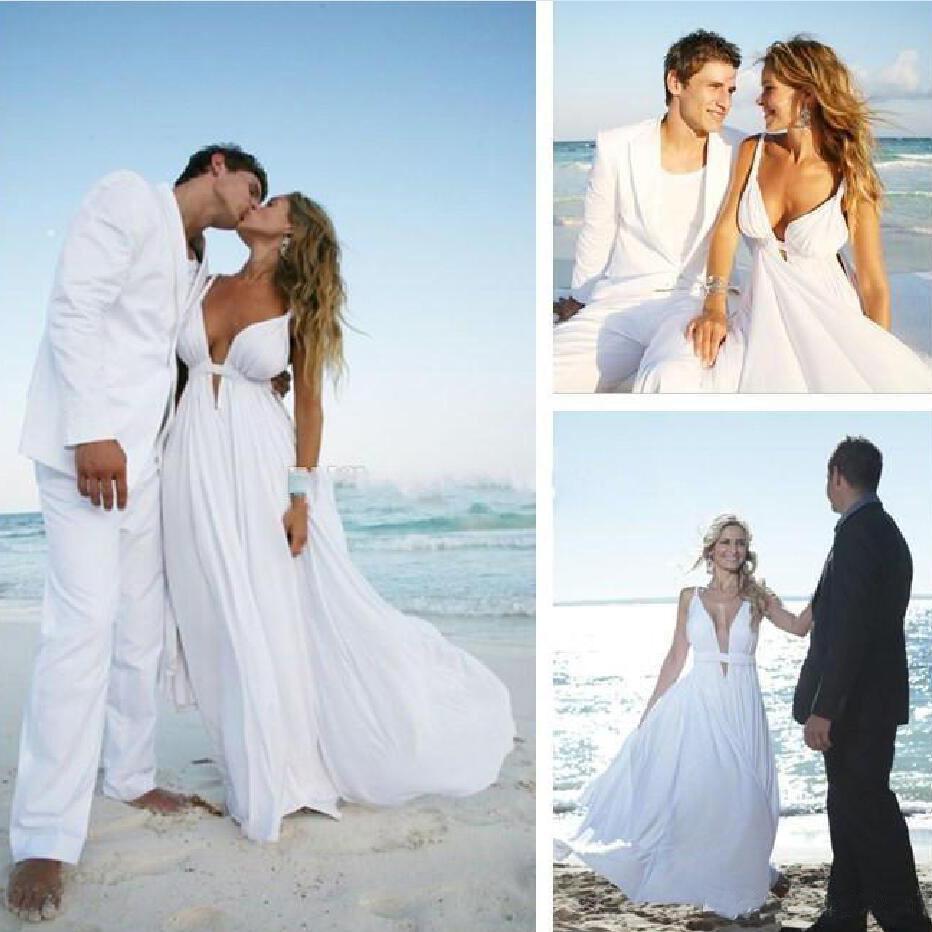 Sexy Deep V Neck White Chiffon Beach Elegant A-Line Bridal Floor-Length Wedding Dresses RS226