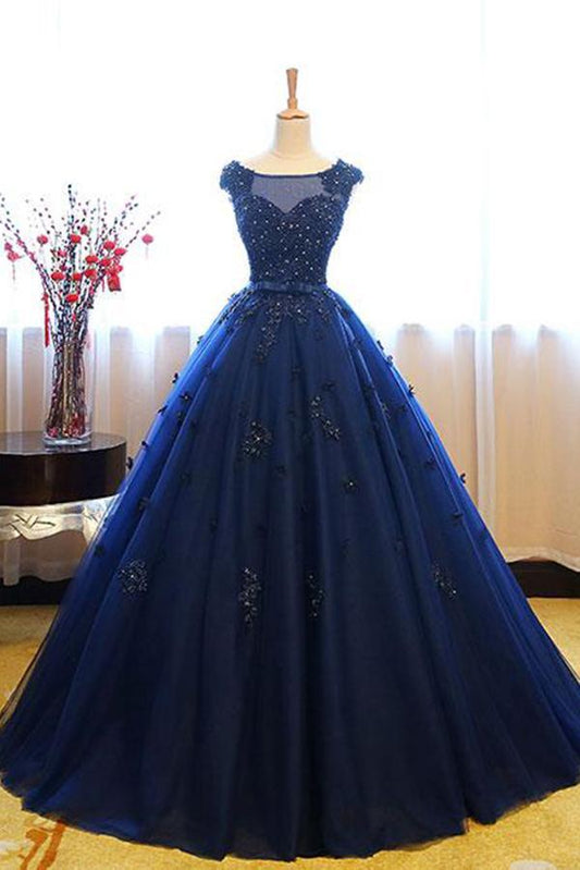 Dark Blue Tulle Lace Beads Ball Gown Open Back Sweet 16 Dress Quinceanera Dresses RS808