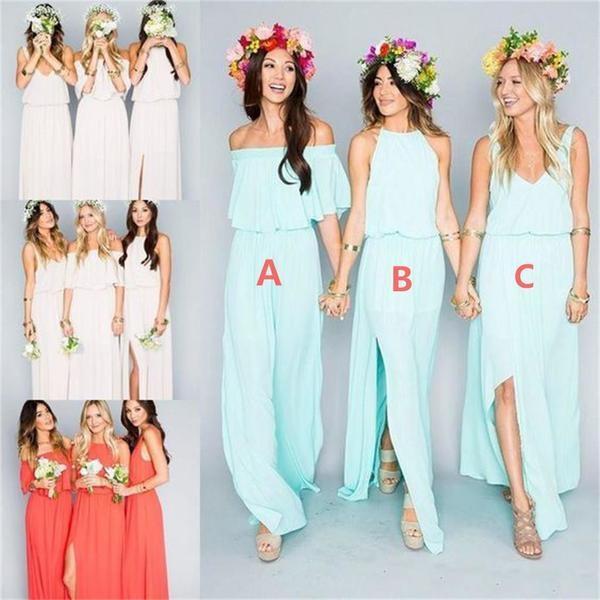 2024 Chiffon Cheap Long Pretty Young Mint Mismatched Side Split Bridesmaid Dresses RS317