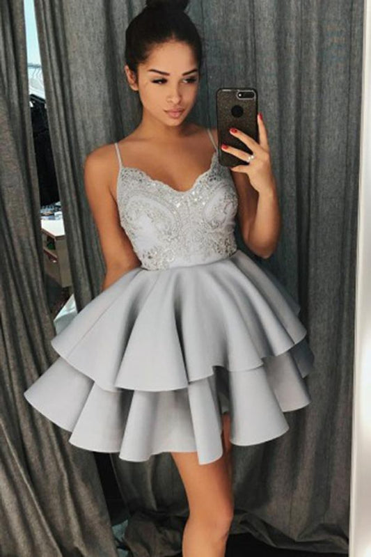 A-Line Spaghetti Straps Sweetheart Grey Satin Homecoming Dress with Lace Beading RS592