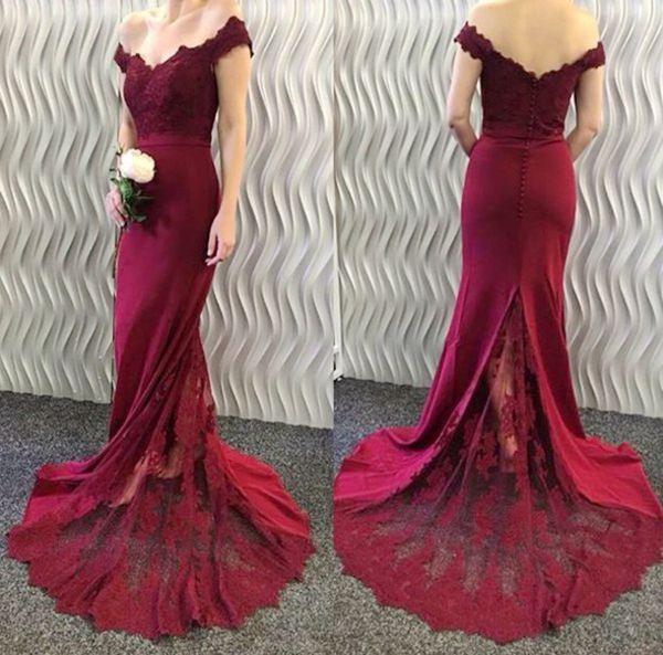 2024 Off-the-Shoulder Burgundy Lace Appliques Long Mermaid Prom Dresses RS370