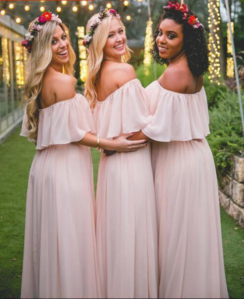 Elegant Off-the-shoulder Pastel Pink Ruffles Long Chiffon A-Line Bridesmaid Dresses RS322