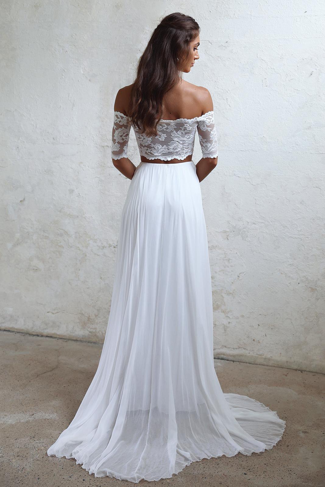 A-Line Long Lace Ivory Chiffon Off the Shoulder Short Sleeve Two Pieces Wedding Dresses RS383