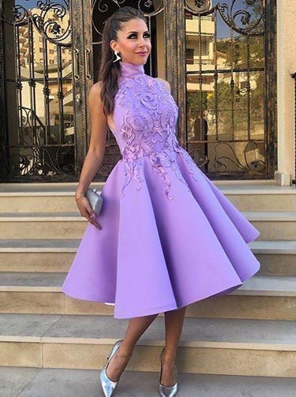 A-Line High Neck Tea-Length Sleeveless Purple Satin Homecoming Dress with Appliques RS119