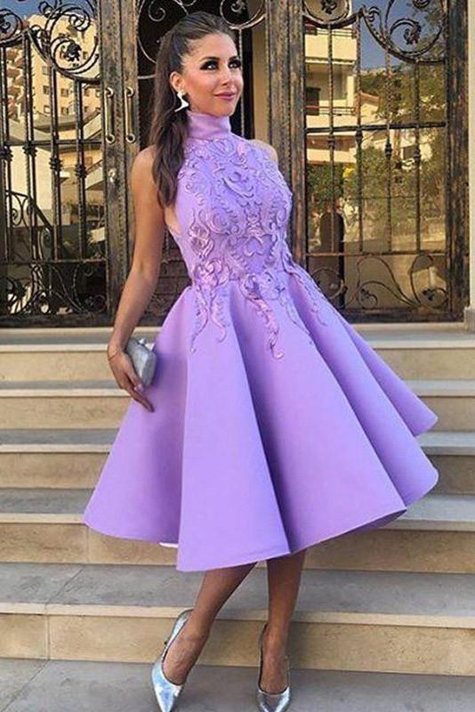 A-Line High Neck Tea-Length Sleeveless Purple Satin Homecoming Dress with Appliques RS119