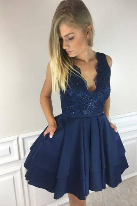 A-Line V Neck Short Navy Blue Satin Homecoming Dresses with Lace Sequins Pockets RS709