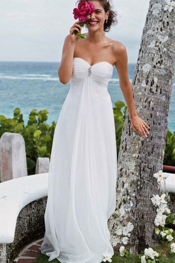 Elegant A-Line Sweetheart White Strapless Chiffon Beach Wedding Dress with Beads RS784