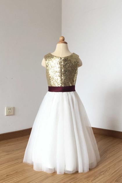 2024 A Line Simple Light Gold Sequin Ivory Tulle Scoop Flower Girl Dress with Burgundy Sash RS774