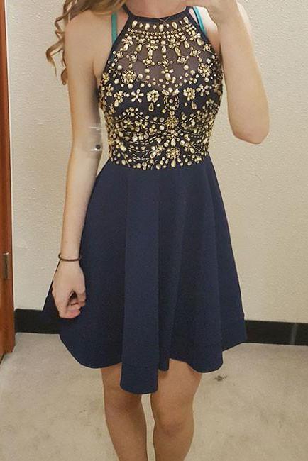 Unique Round Neck Rhinestones Short Dark Blue Chiffon Homecoming Dresses RS806