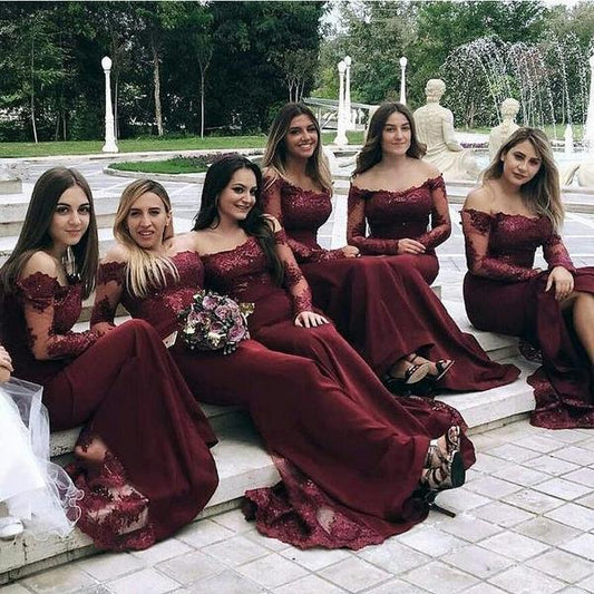 Burgundy Long Sleeves Off the Shoulder Mermaid Cheap Long Bridesmaid Dresses uk PW305