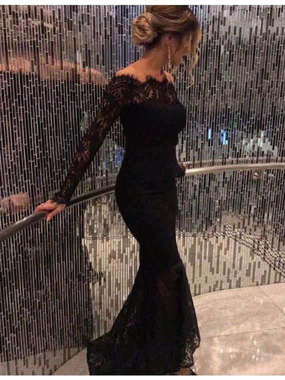 2024 New Style Mermaid Long Sleeves Black Lace Scoop Long Evening Dresses RS762