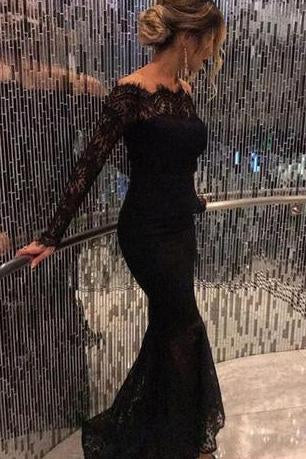 2024 New Style Mermaid Long Sleeves Black Lace Scoop Long Evening Dresses RS762