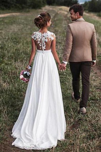 2024 Lovely Off White Lace Appliques Cap Sleeves Long Chiffon Beach Wedding Dresses RS304