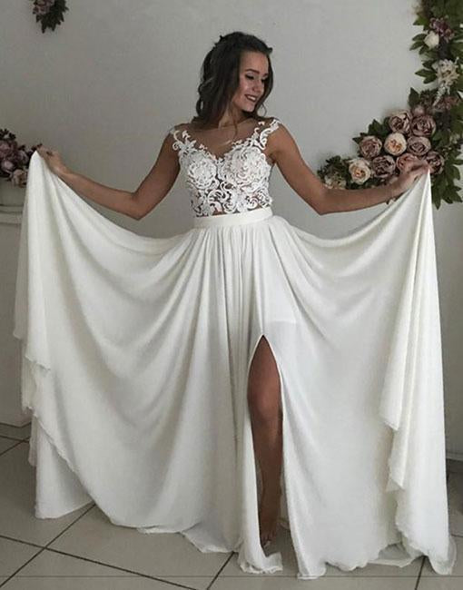 Formal Long Ivory Lace Chiffon Side Slit Cap Sleeve Cheap Beach Wedding Dresses RS107