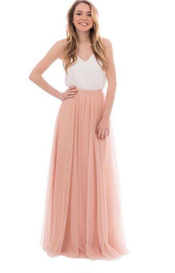 Cheap Junior Off Shoulder Scoop Neck White Blush Pink Tulle Long Bridesmaid Dresses RS612