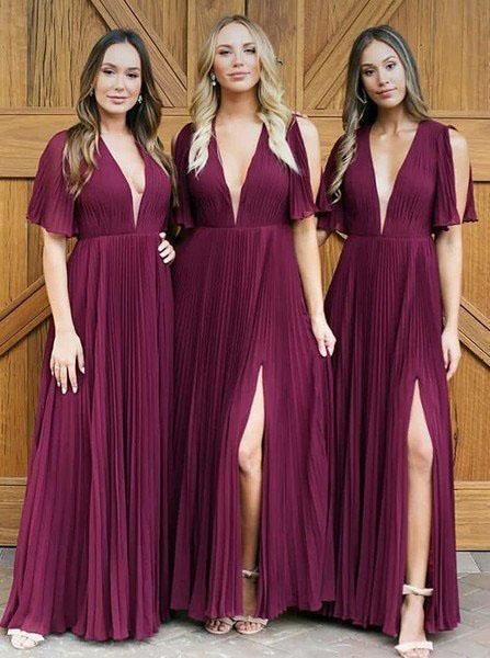 Long Deep V Neck Pleats Dark Red Chiffon Split Bridesmaid Dress Long Prom Dresses RS343