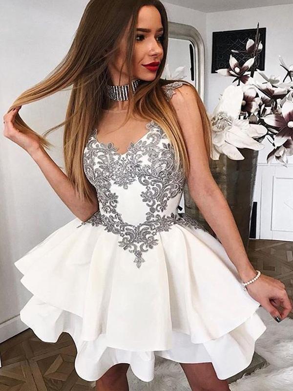 Cute A Line Scoop Grey Lace Appliques Ivory Mini Satin School Dress Homecoming Dresses RS992