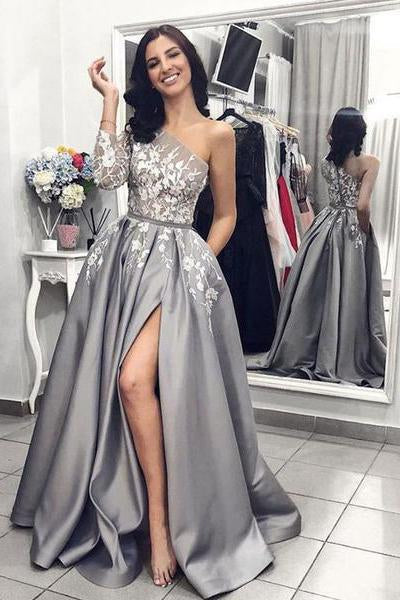 A Line One Long Sleeve Satin Gray Lace Formal Dresses Side Slit Prom Dresses RS306