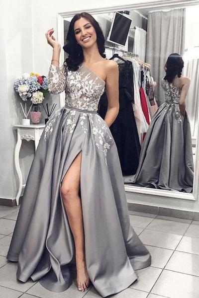 A Line One Long Sleeve Satin Gray Lace Formal Dresses Side Slit Prom Dresses RS306